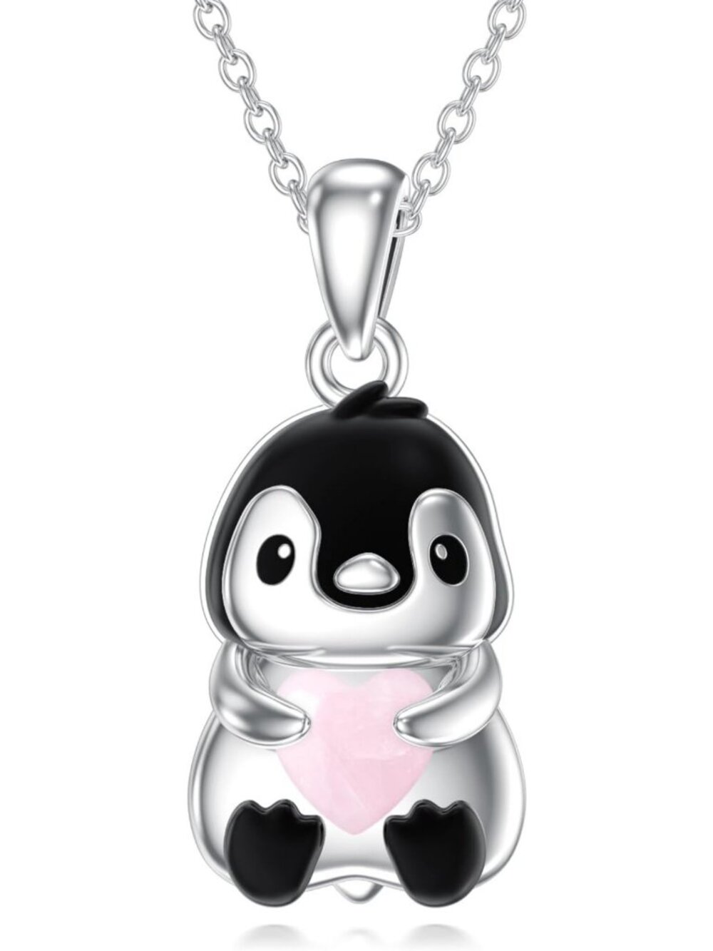 Natural Rose Quartz Penguin Pendant Necklace | 925 Sterling Silver Jewelry Gift